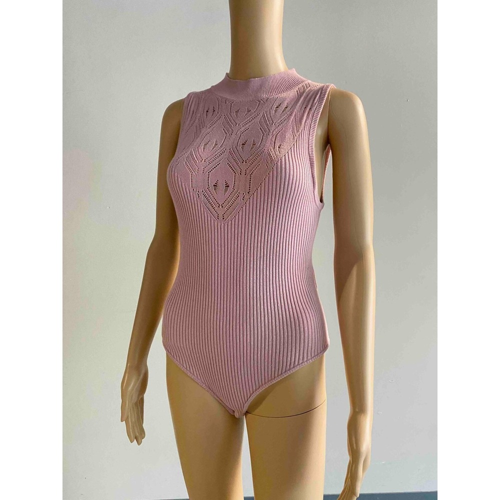 Free People Pink Ribbed On Point Yoke High Mock Neck Bodysuit Sleeveless S - Picture 4 of 9